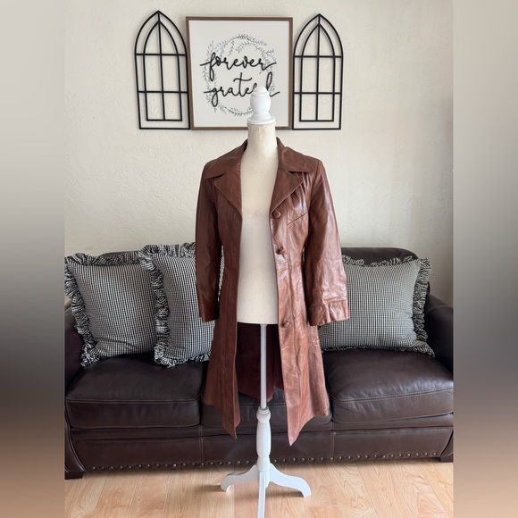 Vintage Rare 24K By Dan Di Modes Brown Leather Belted Trench Coat Fall - Picture 4 of 16